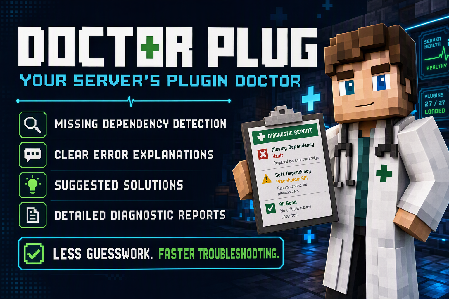 Doctor Plug cover artwork: a Minecraft-style doctor holding a diagnostic report, with the tagline Your Server's Plugin Doctor